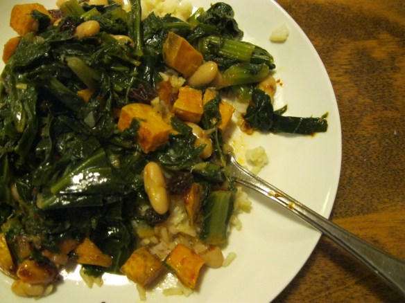 greens, sweet potato, and cannelini beans